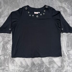 Quacker Factory Black Rhinestone Grommet Crew Neck Cotton Top 3X Half Sleeve